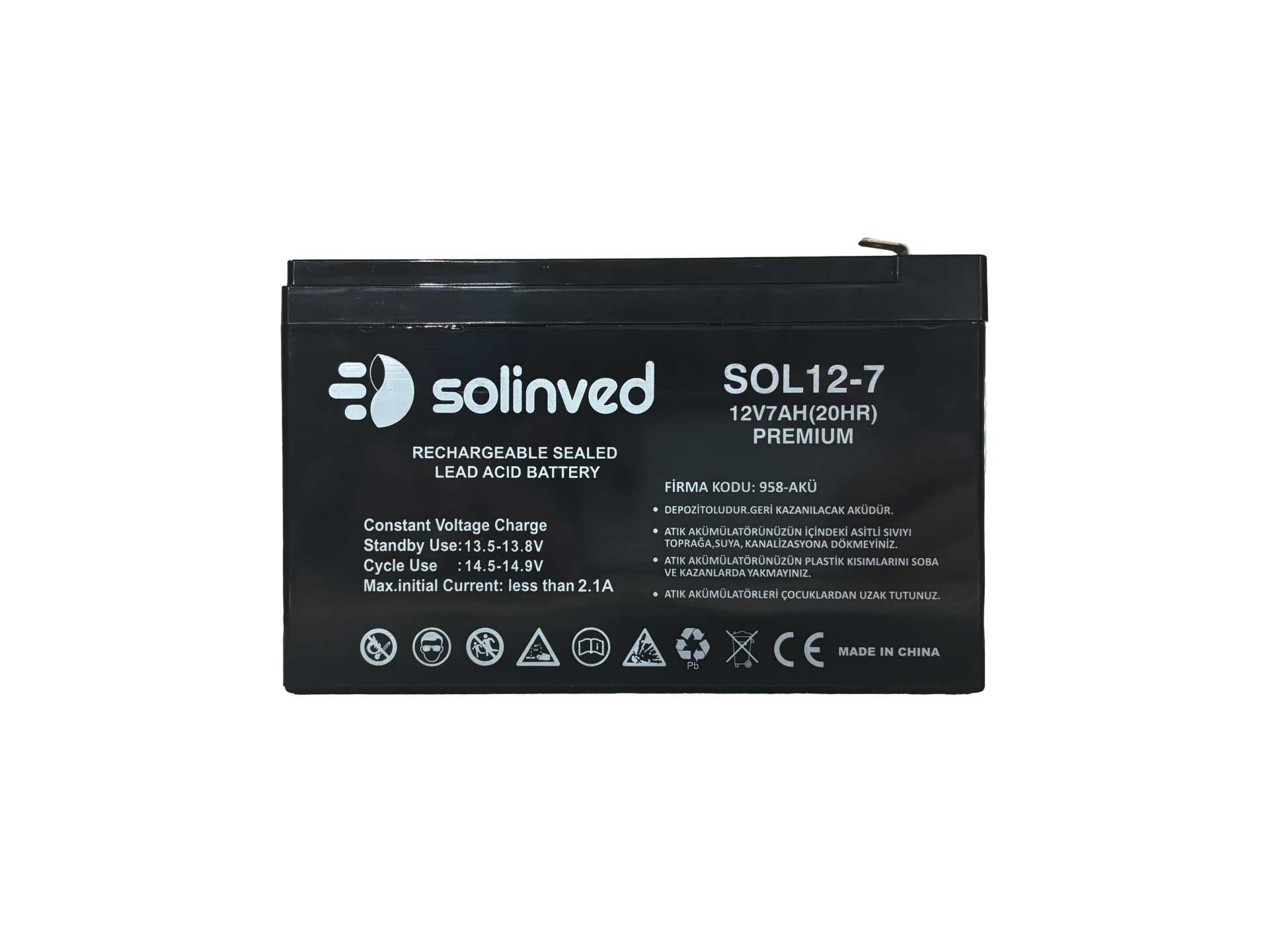 Solinved 12V 7 AH Ups Ve Alarm Aküsü (Premium)
