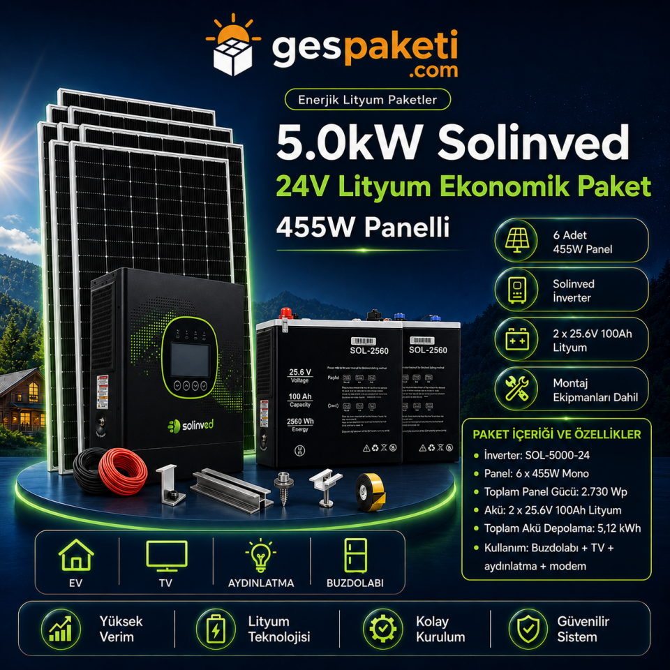5.0kW Solinved 24V Lityum Ekonomik Paket - 455W Panelli