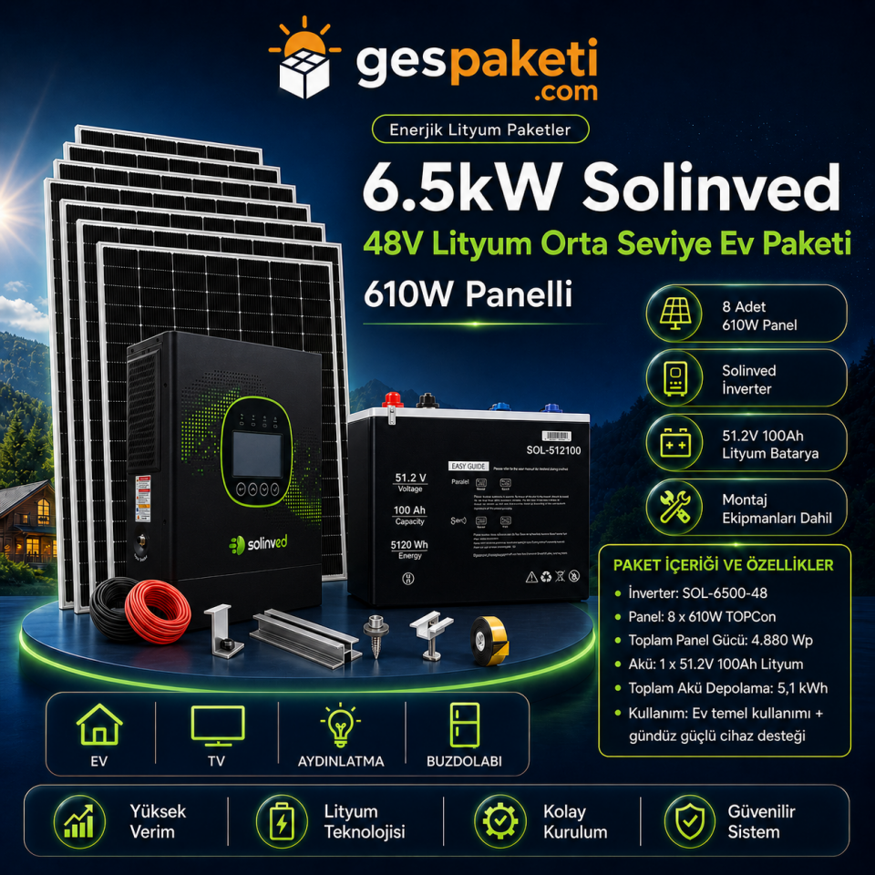 6.5kW Solinved 48V Lityum Orta Seviye Ev Paketi