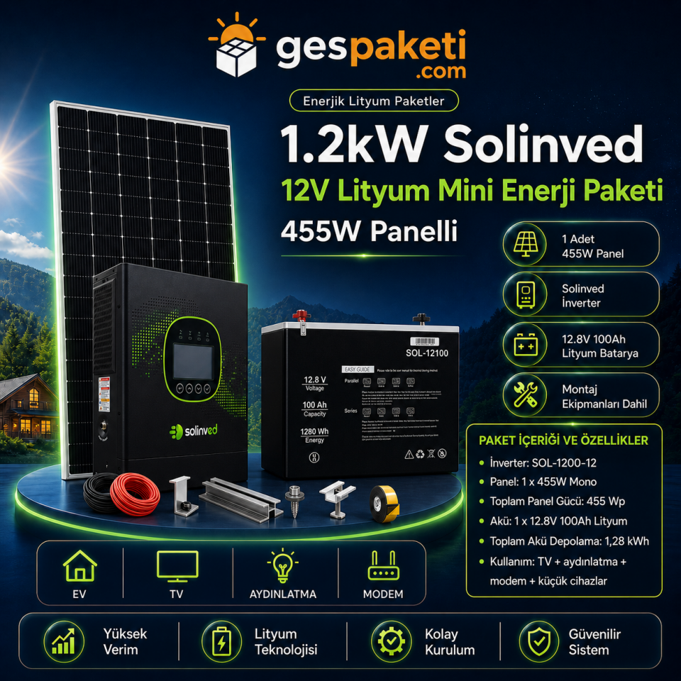 1.2kW Solinved 12V Lityum Mini Enerji Paketi - 455W Panelli