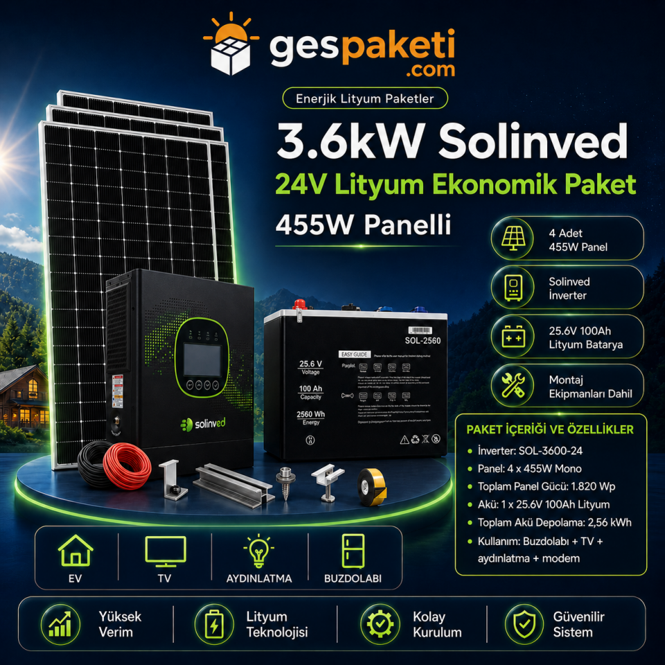 3.6kW Solinved 24V Lityum Ekonomik Paket - 455W Panelli