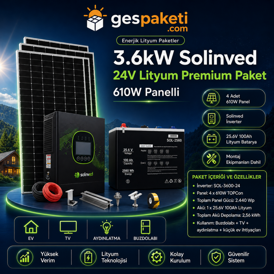 3.6kW Solinved 24V Lityum Premium Paket - 610W Panelli