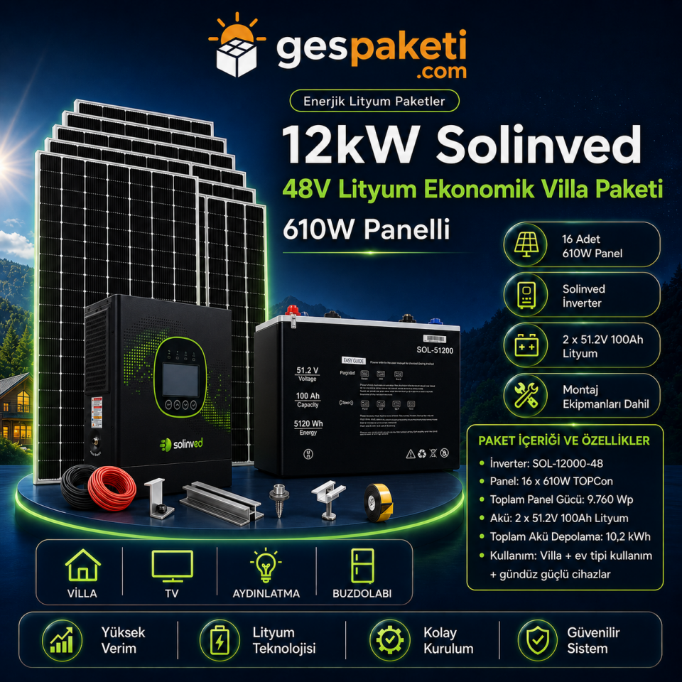 12kW Solinved 48V Lityum Ekonomik Villa Paketi - 610W Panelli