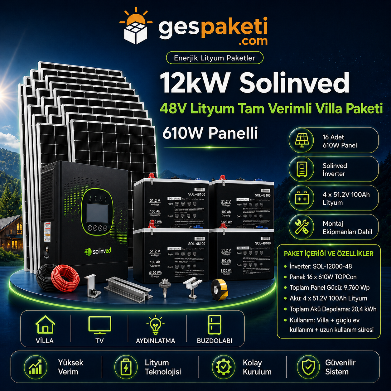 12kW Solinved 48V Lityum Tam Verimli Villa Paketi - 610W Panelli