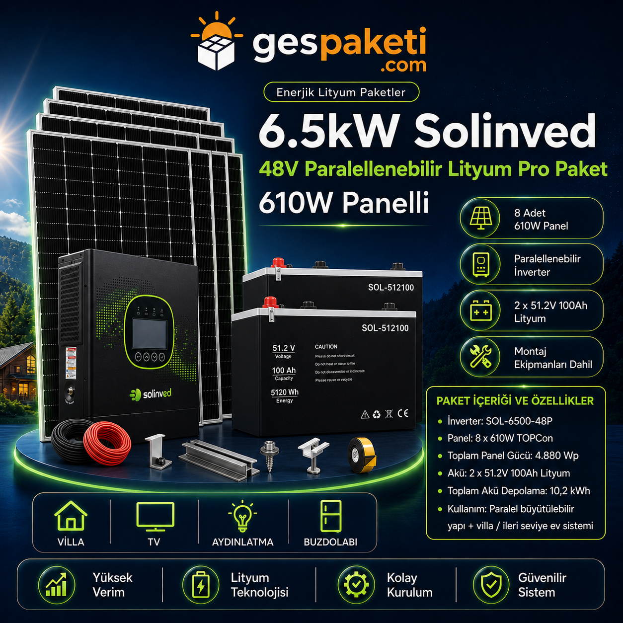 6.5kW Solinved 48V Paralellenebilir Lityum Pro Paket - 610W Panelli