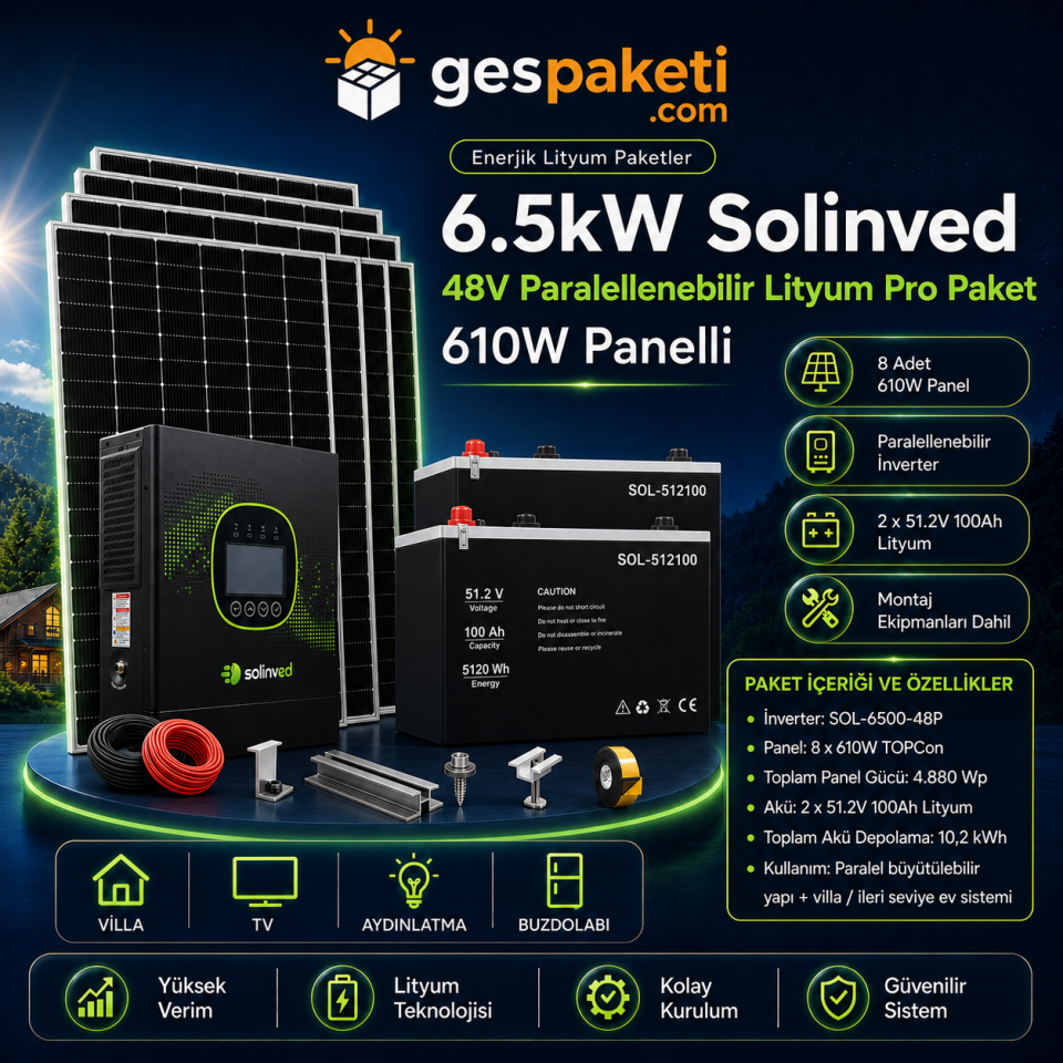 6.5kW Solinved 48V Paralellenebilir Lityum Pro Paket - 610W Panelli