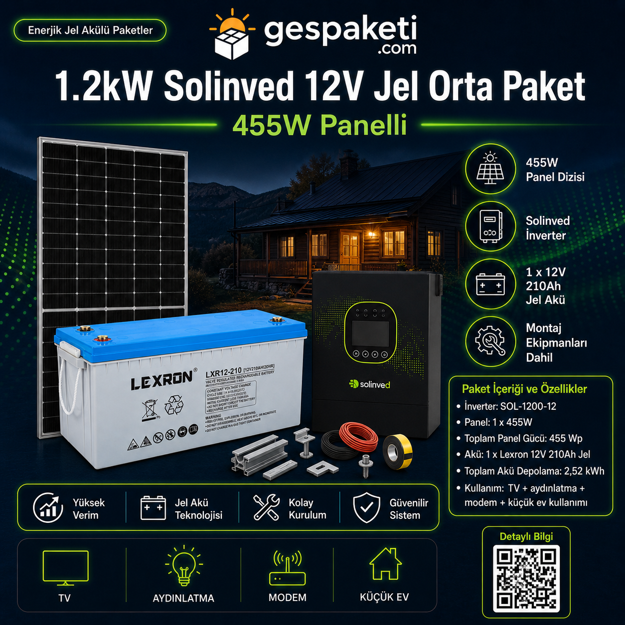 1.2kW Solinved 12V Jel Orta Paket - 455W Panelli
