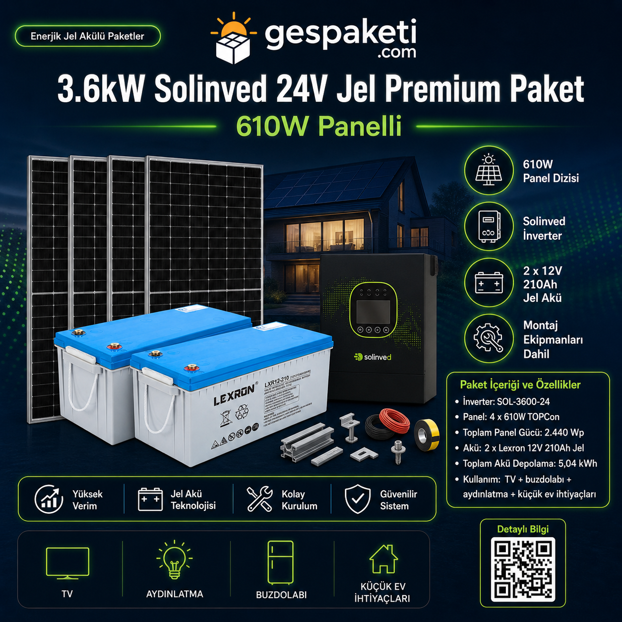 3.6kW Solinved 24V Jel Premium Paket - 610W Panelli