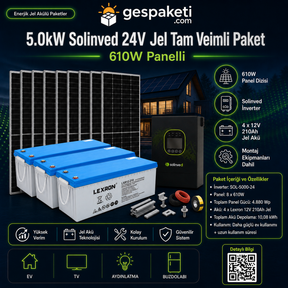 5.0kW Solinved 24V Jel Tam Verimli Paket - 610W Panelli
