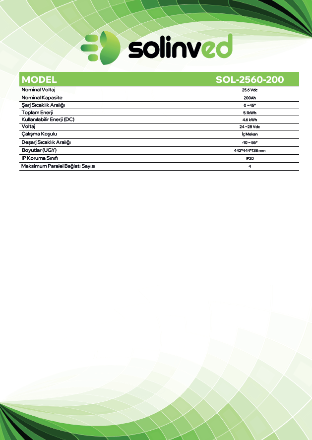 Solinved 25.6V 200Ah Lityum Akü | SOL-2560-200 Efes Serisi