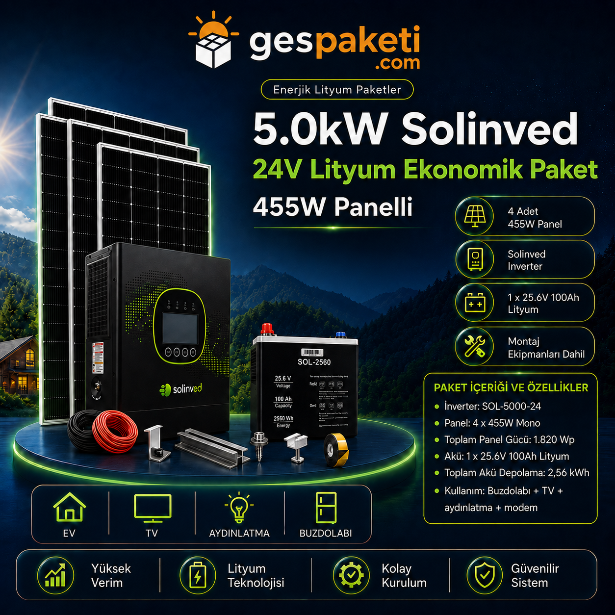 5.0kW Solinved 24V Lityum Ekonomik Paket - 455W Panelli