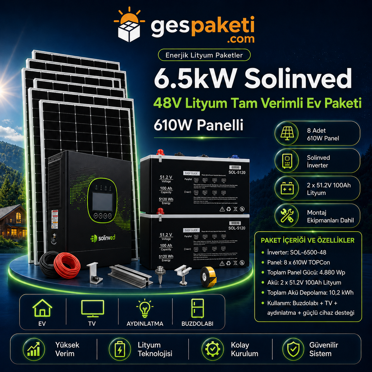 6.5kW Solinved 48V Lityum Tam Verimli Ev Paketi