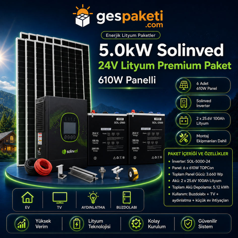 5.0kW Solinved 24V Lityum Premium Paket - 610W Panelli